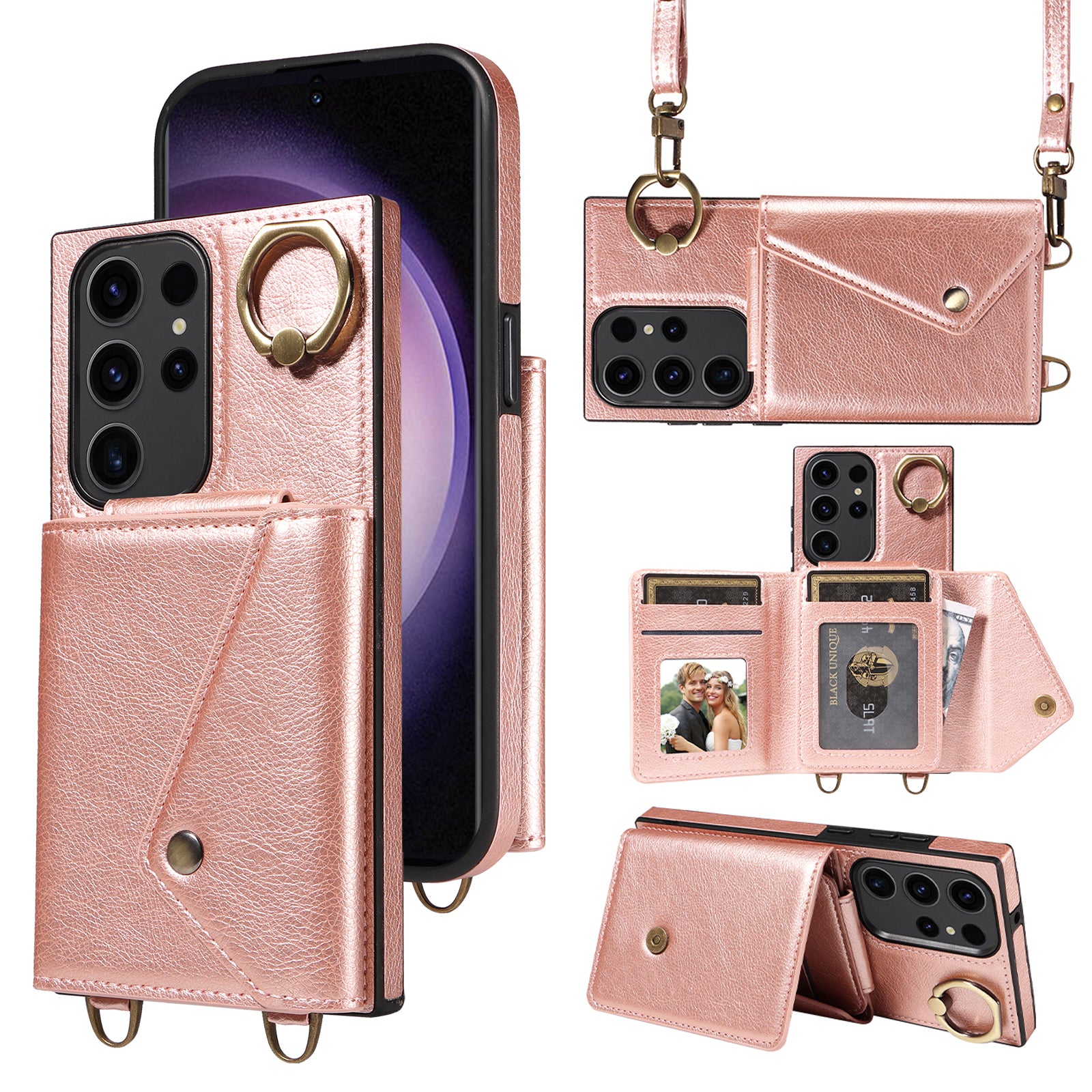 002 Card Bag Shell for Samsung Galaxy S23 Ultra Ring Kickstand Cover Litchi Texture Leather TPU Phone Case with Shoulder Strap 002 Card Bag Shell for Samsung Galaxy S23 Ultra Ring Kickstand Cover Litchi Texture Leather TPU Phone Case with Shoulder Strap